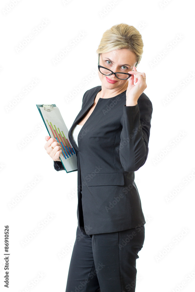 confident business woman weared eyeglasses isolated on white confident business woman weared eyeglasses isolated on white