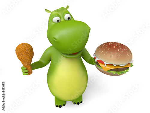 3d cartoon animal with a big hamburger. 3d image. Isolated white background