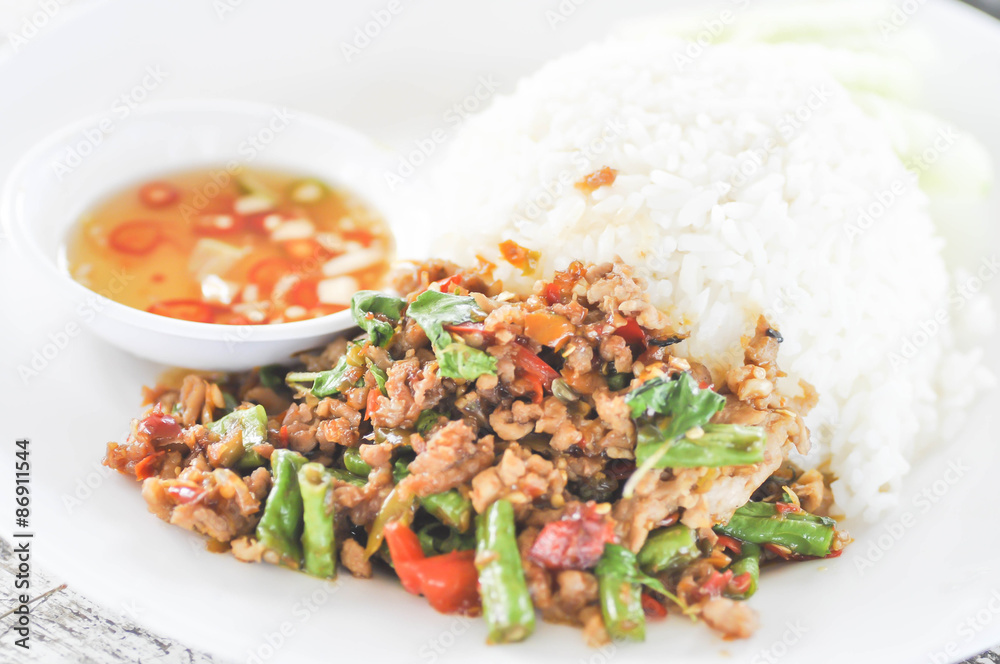 Rice topped with stir-fried pork and basil,Thai food,Asian food Rice topped with stir-fried pork and basil,Thai food,Asian food
