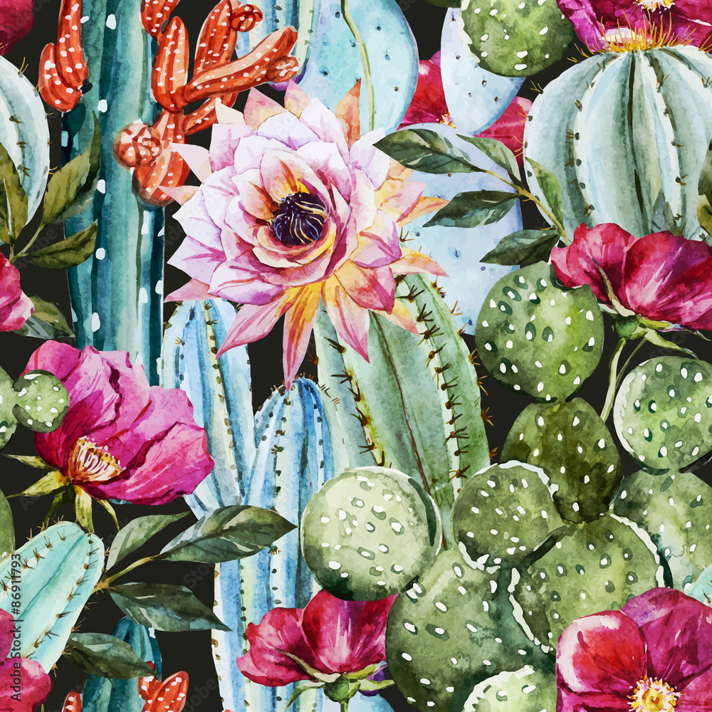 Fototapeta Watercolor cactus pattern