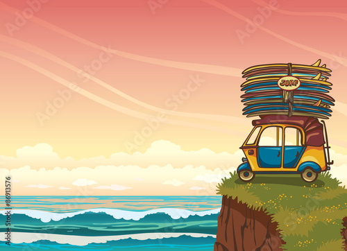 Auto rickshaw with surfboards and ocean. Surfing.
