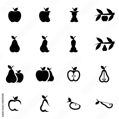 Vector black apple and pear icon set