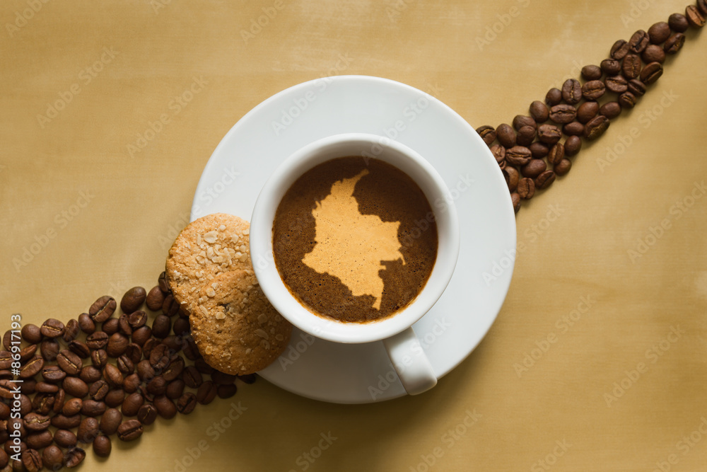 Still life - coffee with map of Colombia