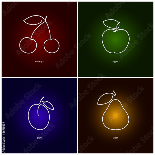 Image Cherry, Apple,Plum,Pear  in the Contours on a  Colored Background, Vector Illustration