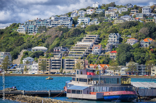 Welington's Oriental Bay showing the hills to Roseneath and in the foreground the Tugboat restaurant