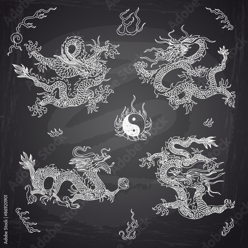 Vector background with asia dragons. Hand drawn illustration.