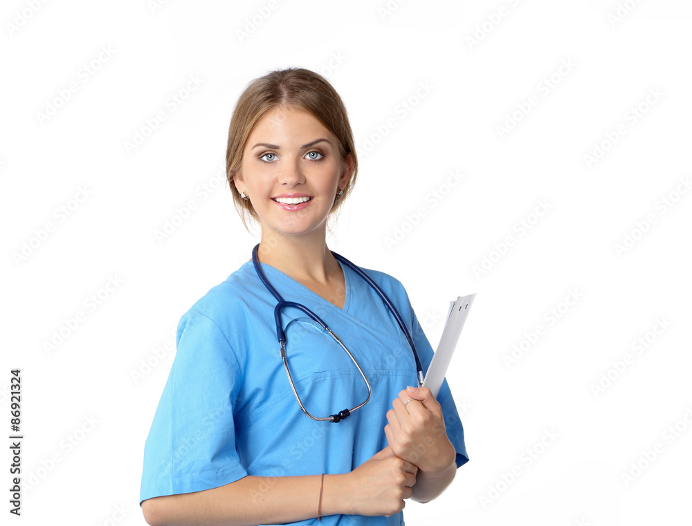 Portrait of young woman doctor with white coat standing in Portrait of young woman doctor with white coat standing in