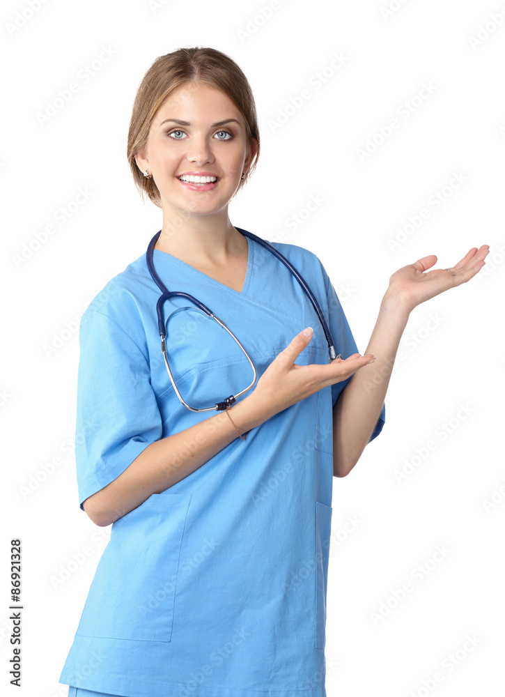Portrait of young woman doctor with white coat standing in Portrait of young woman doctor with white coat standing in
