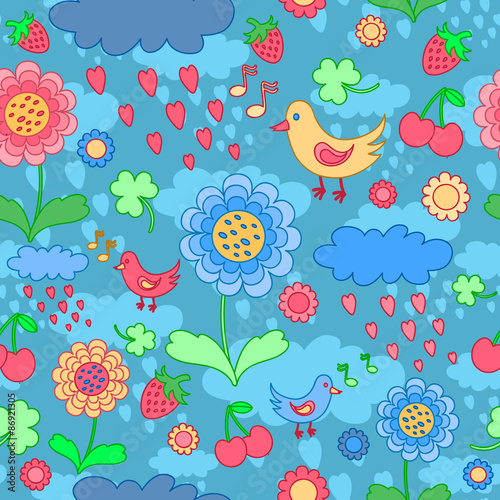 Seamless blue pattern with birds , flowers and berries.