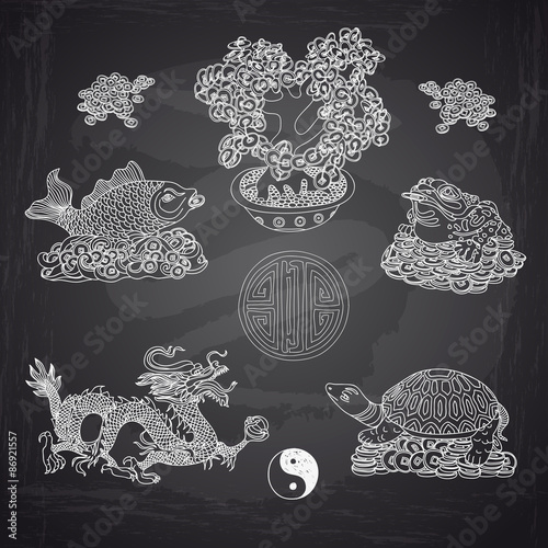 Vector illustration set with Feng Shui motives.