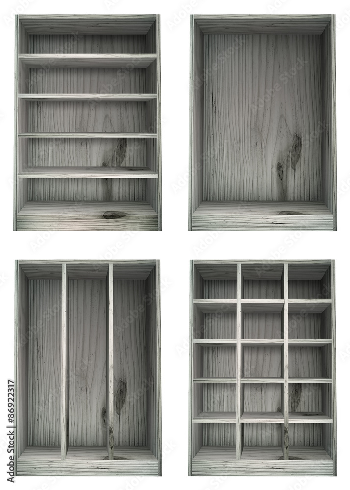 Isolated White washed wooden shelves in various configurations