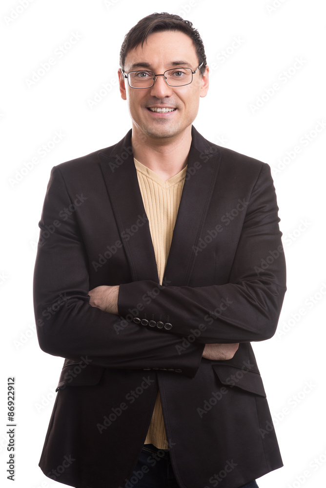 handsome man in black suit and glasses smiling handsome man in black suit and glasses smiling