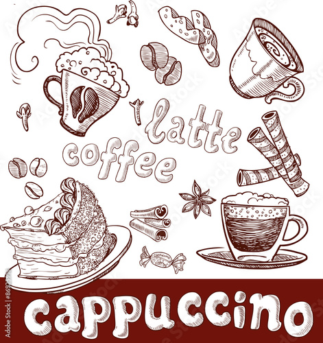 coffee, cappuccino, late and sweets. handwriting