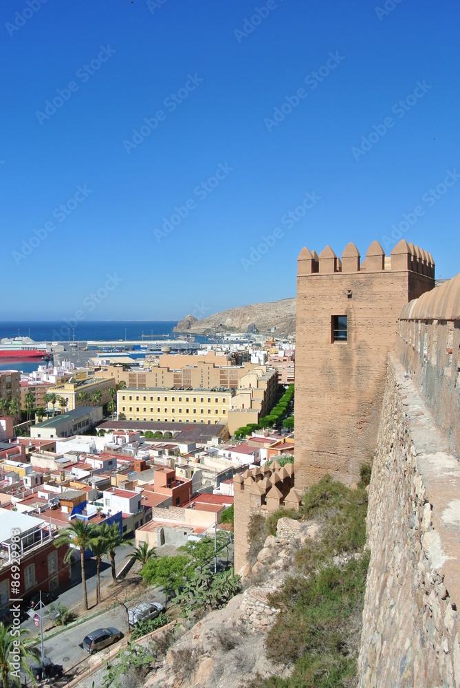 Panoramic view on the Andalusian city of Almeria from the top of Alcazaba fortress, on a sunny summer day.