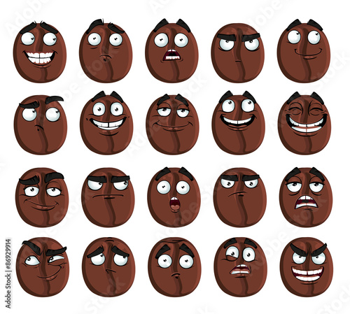 Vector cute cartoon coffee bean smile with many expressions