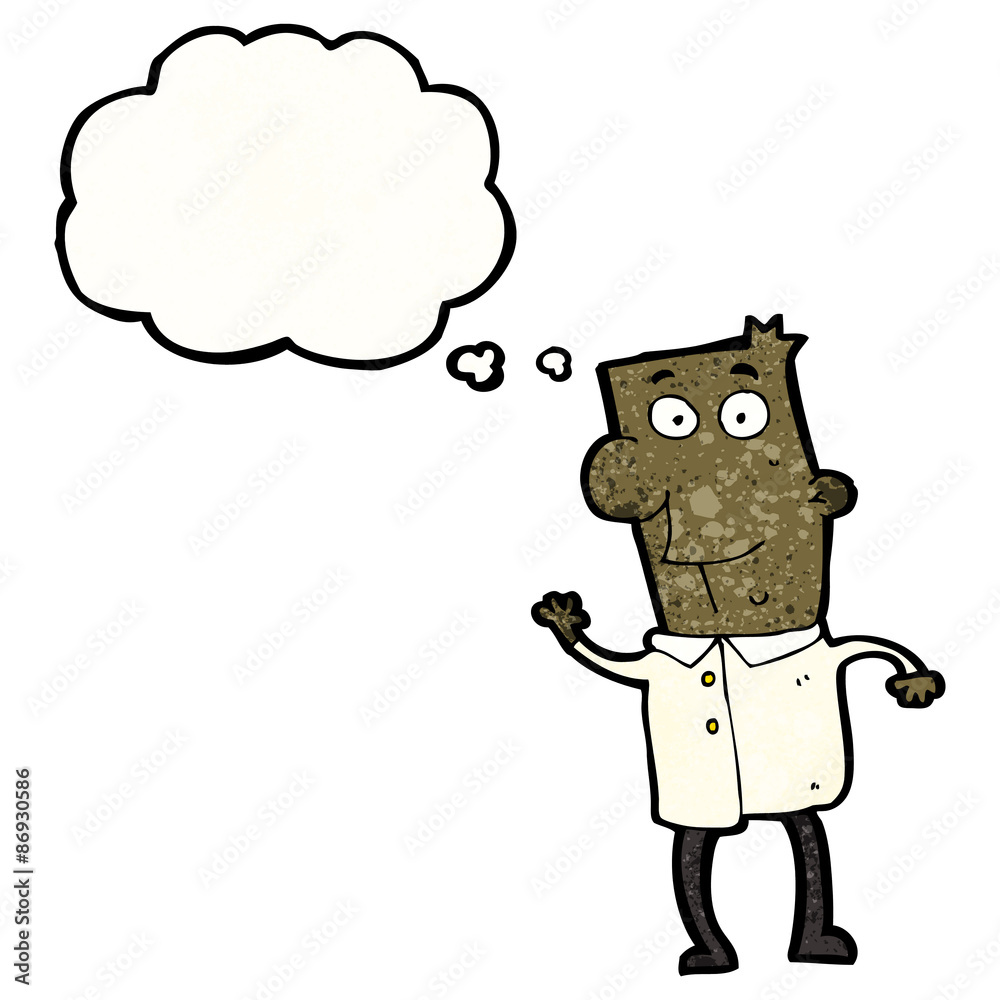 happy cartoon man in shirt with thought bubble
