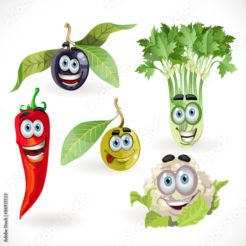 Funny cute vegetables smiles - celery, cauliflower, olives, chil