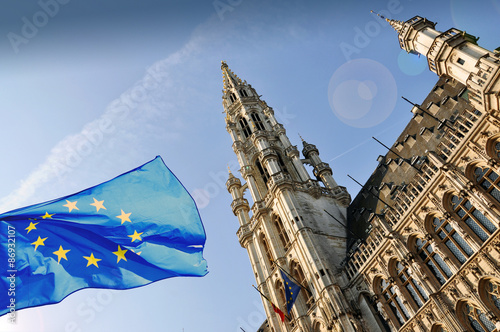 The townhall of Brussels and a flag of European Union  photo