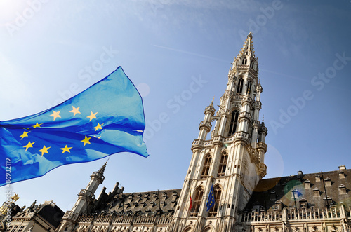 The townhall of Brussels and a flag of European Union  photo