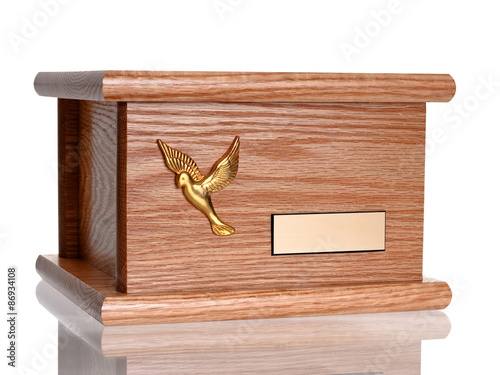 Funeral wood urn complete view isolated on white background