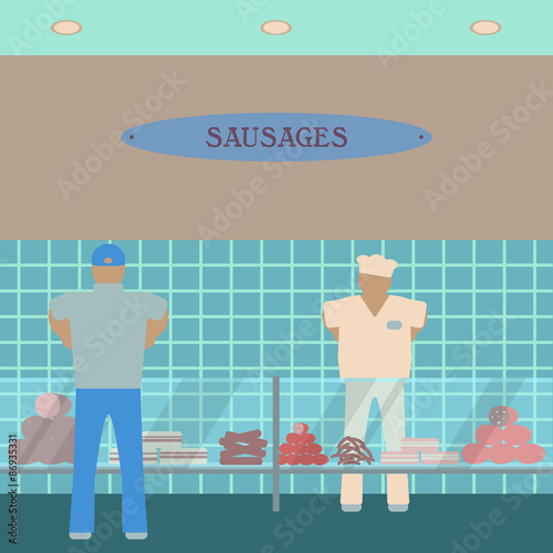Sausage showcase flat icon. Supermarket glass case design