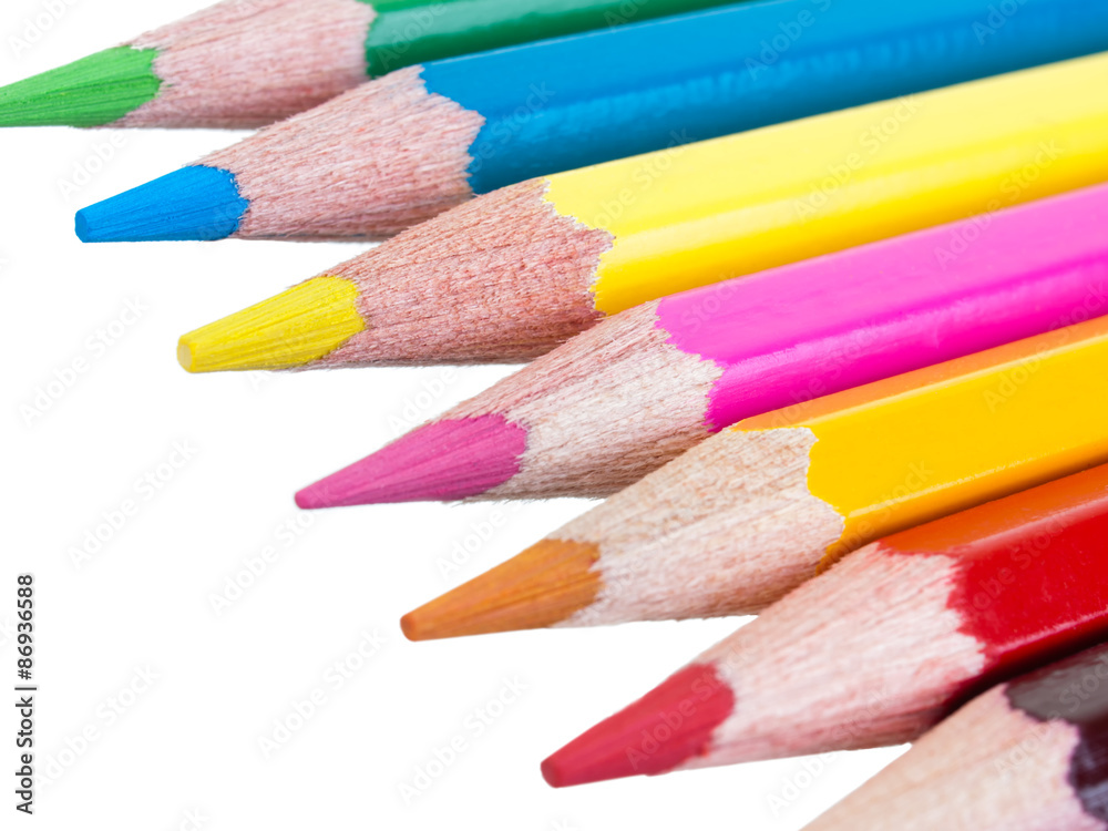 Colouring pencils tips macro view isolated on white background Colouring pencils tips macro view isolated on white background