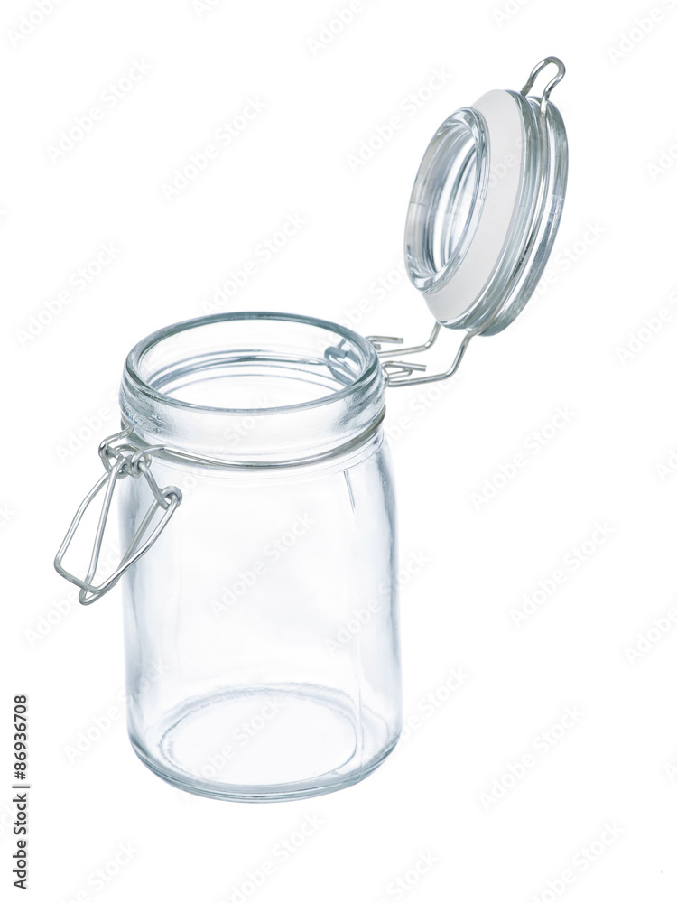 Old fashioned empty glass jar with open lid isolated on white background  Stock Photo