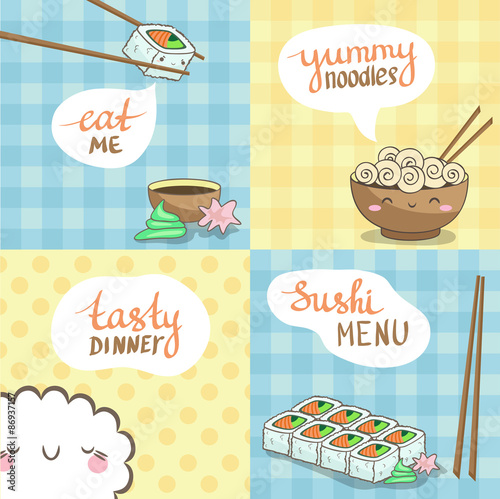 Sushi Posters Set in Cute Design. Vector Illustration.