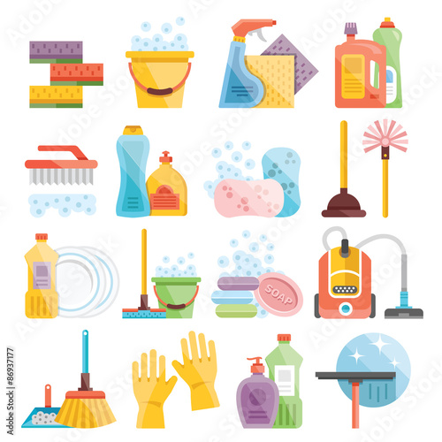 Household supplies and cleaning flat icons set