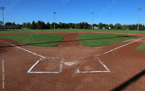 A wide angle shot of a baseball field.. photo