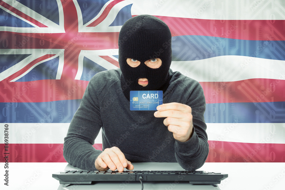 Hacker holding credit card and USA state flag on background - Hawaii Hacker holding credit card and USA state flag on background - Hawaii