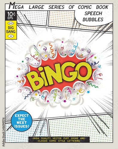 Bingo. Explosion in comic style with lettering and realistic puffs smoke. 3D vector pop art speech bubble. CMYK