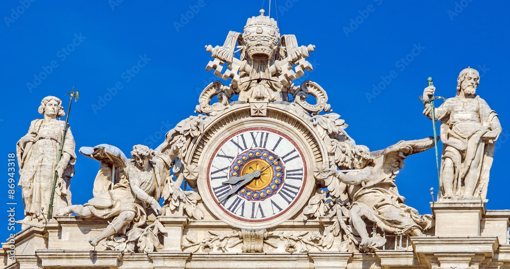 Saint Peters Church, detail of the clock. Basilica San Pietro Piazza.