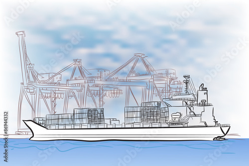 Drawing of loading cargo ship