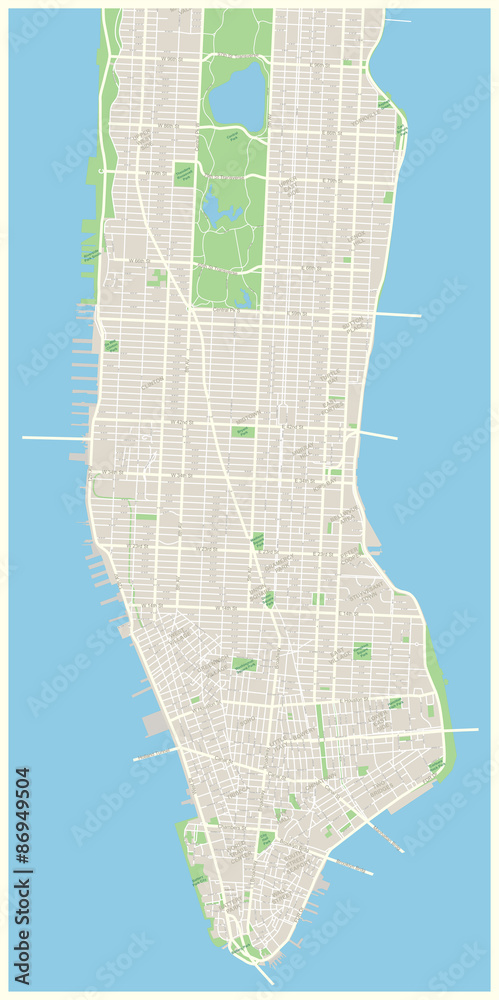New York Map - Lower and Mid Manhattan in New York. Highly detailed vector  map including all streets, parks, names of subdistricts, points of  interests, labels, neighborhoods. Stock-Vektorgrafik | Adobe Stock