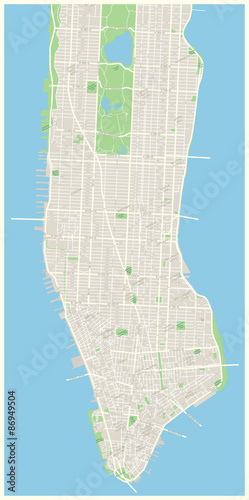 New York Map - Lower and Mid Manhattan in New York. Highly detailed vector map including all streets, parks, names of subdistricts, points of interests, labels, neighborhoods.