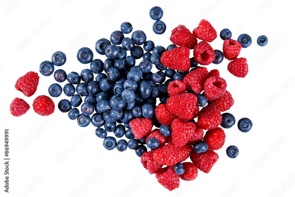 Fresh Organic Blueberries and Raspberries. Rich with vitamins. Isolated on white background Fresh Organic Blueberries and Raspberries. Rich with vitamins. Isolated on white background