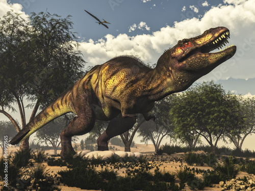 Tyrannosaurus rex dinosaur protecting its eggs - 3D render
