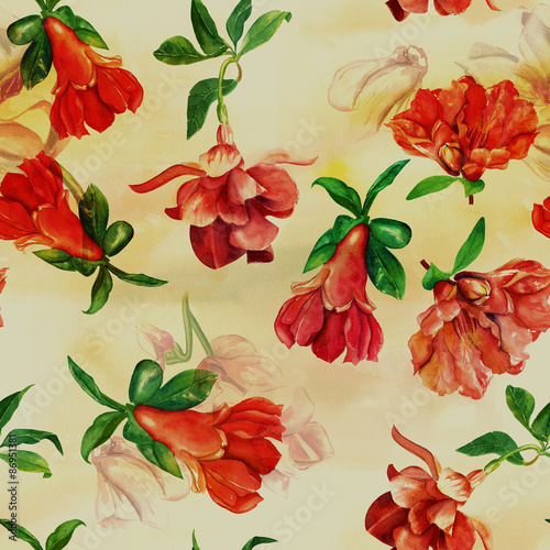 Seamless background pattern with fuchsia and pomegranate flowers