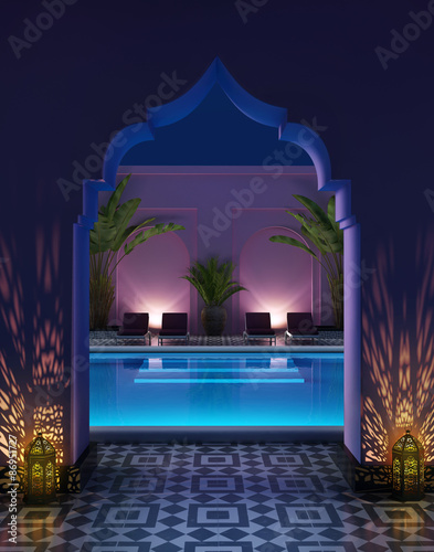 Moroccan riad courtyard with a swimming pool photo