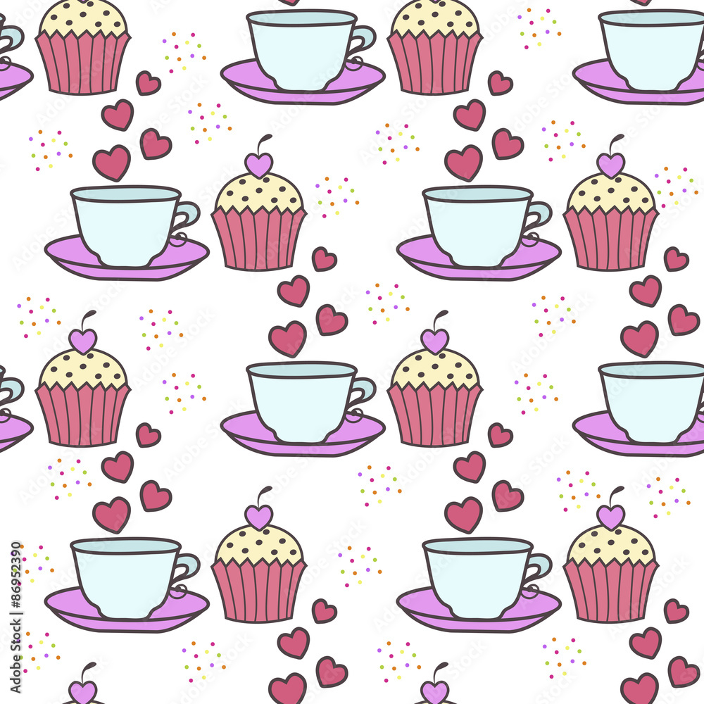 Seamless background with cake and tea Seamless background with cake and tea