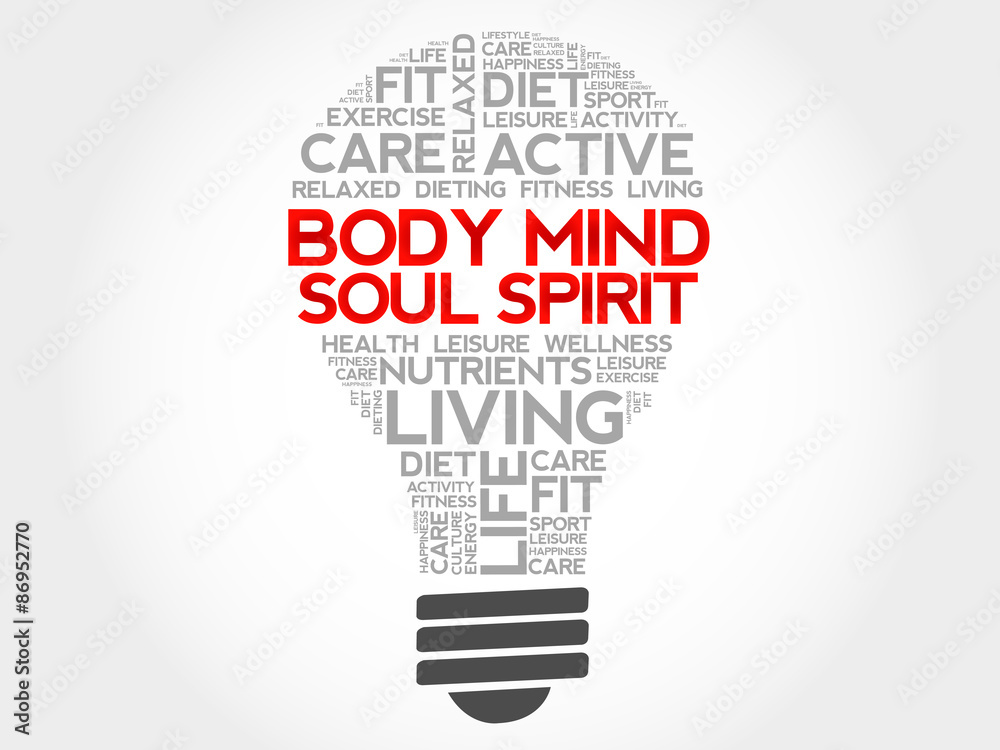 Body Mind Soul Spirit bulb word cloud, health concept Body Mind Soul Spirit bulb word cloud, health concept