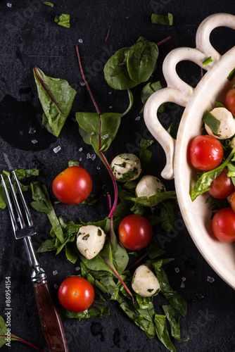 Diet salad, fresh tomato and mozzarella in rustic bowl
