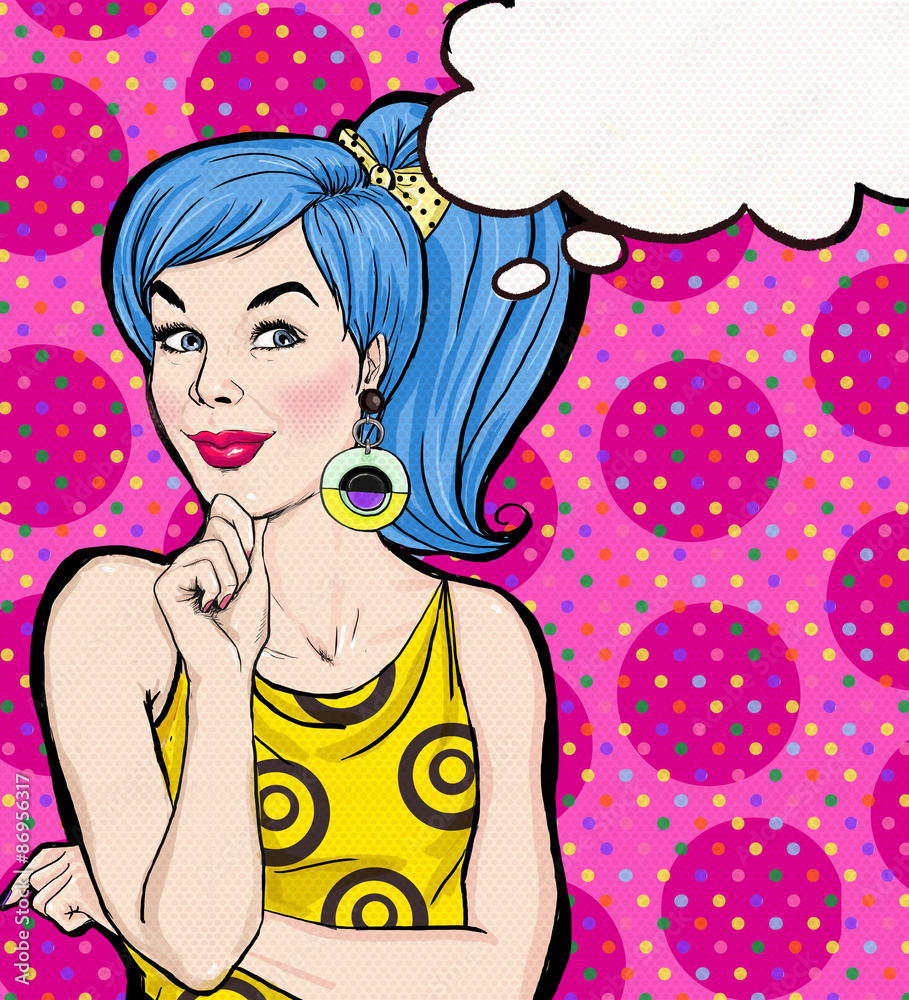 Pop Art illustration blue hair girl  with the speech bubble.Pop Art girl. Party invitation. 