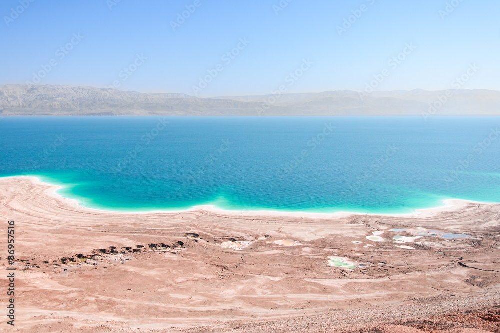 Aerial view Dead Sea coast landscape with therapeutic curative mud