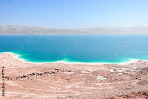 Aerial view Dead Sea coast landscape with therapeutic curative mud