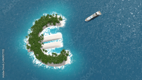 Paradis fiscal, financier ou évasion des fortunes sur un île en forme d'euro. photo