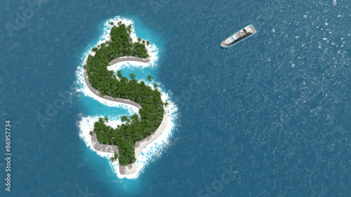 Konstfotografi Paradis fiscal, financier ou évasion des fortunes sur un île en forme de dollar
