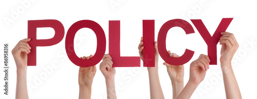 Many People Hands Holding Red Straight Word Policy