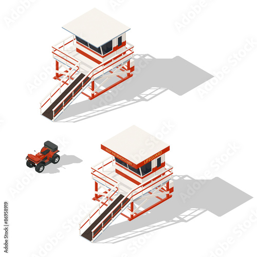 Lifeguard tower and quad bike isometric icons set